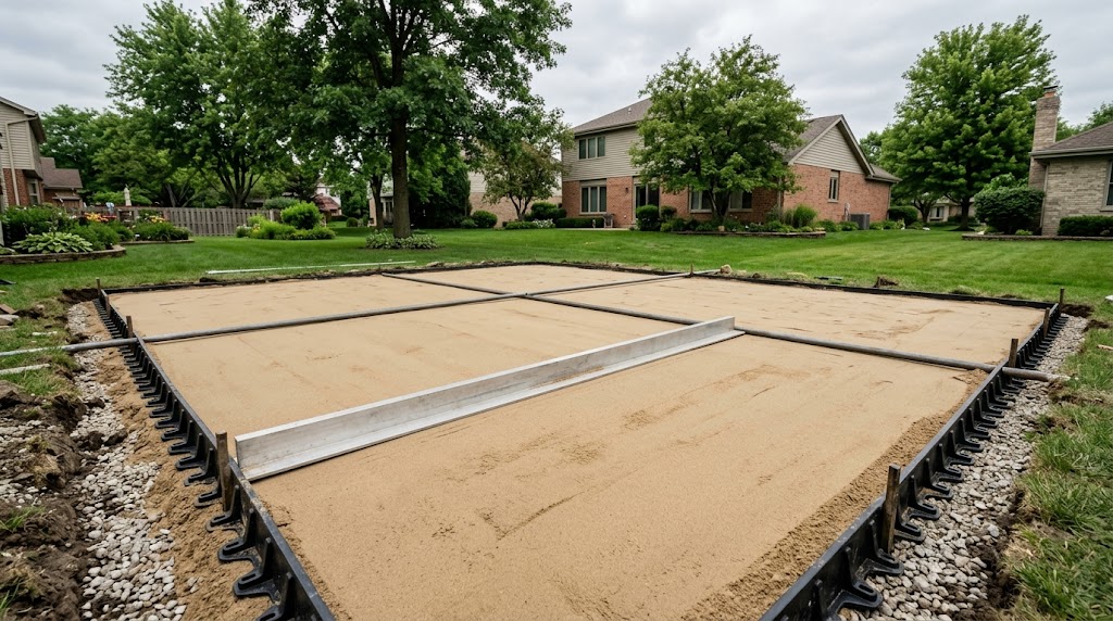 Screeded bedding sand on a compacted base ready for paver installation in a Des Plaines backyard