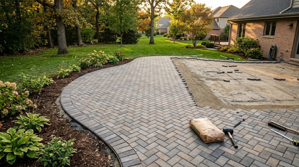 Herringbone paver pattern in mid-installation showing cut edge pieces and polymeric joint sand