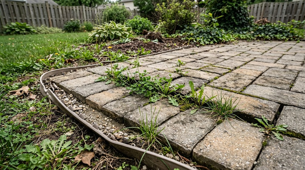 Failed paver patio with joint sand washout and edge restraint failure