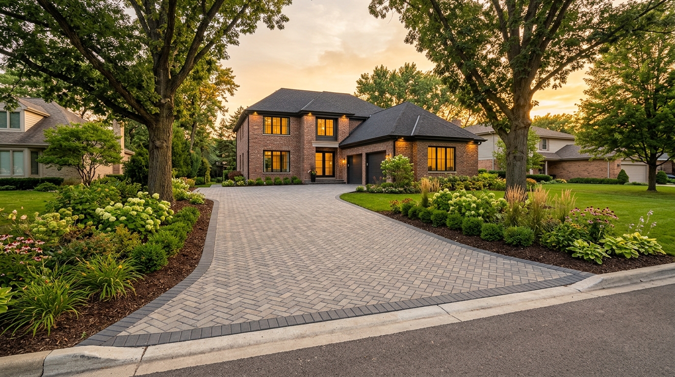 Paver driveway contractors in Des Plaines: paver driveway contractor in des plaines: finished herringbone driveway with sailor course border leading to a brick home