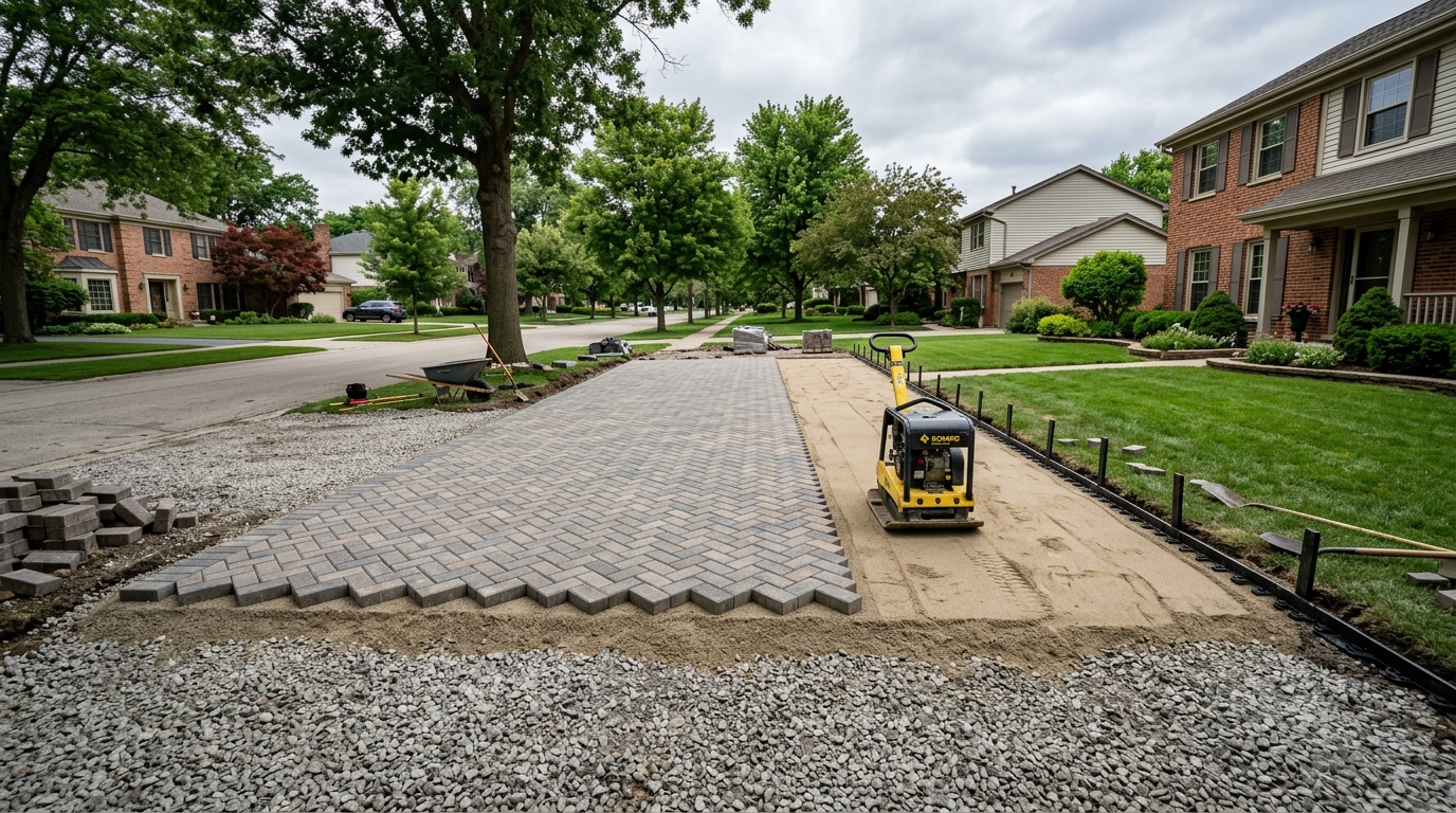 Paver driveway contractor mid-install with herringbone pattern, plate compactor, and edge restraint