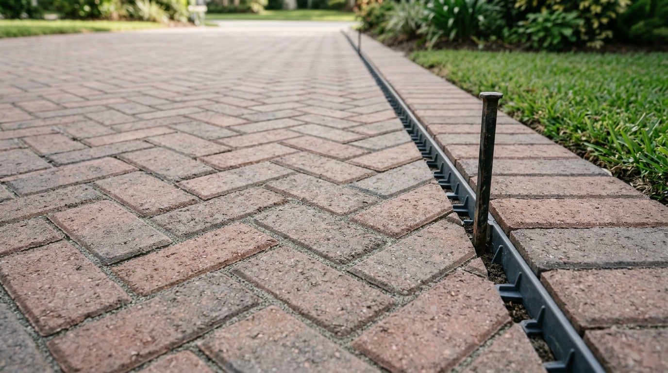 Paver driveway detail showing herringbone joints, polymeric sand, and sailor course border