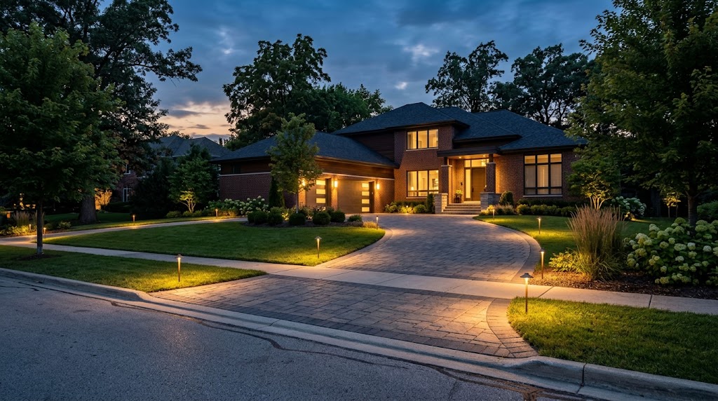 Finished paver driveway at twilight with low-voltage edge lighting in a Des Plaines neighborhood