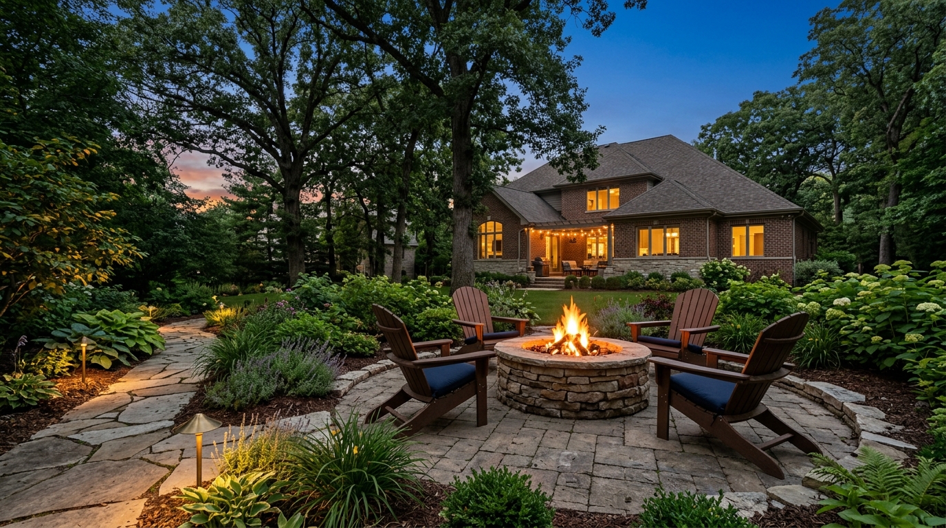 Outdoor fire pit contractors in Des Plaines: outdoor fire pit contractor in des plaines: finished stacked stone fire pit on paver patio with conversation seating