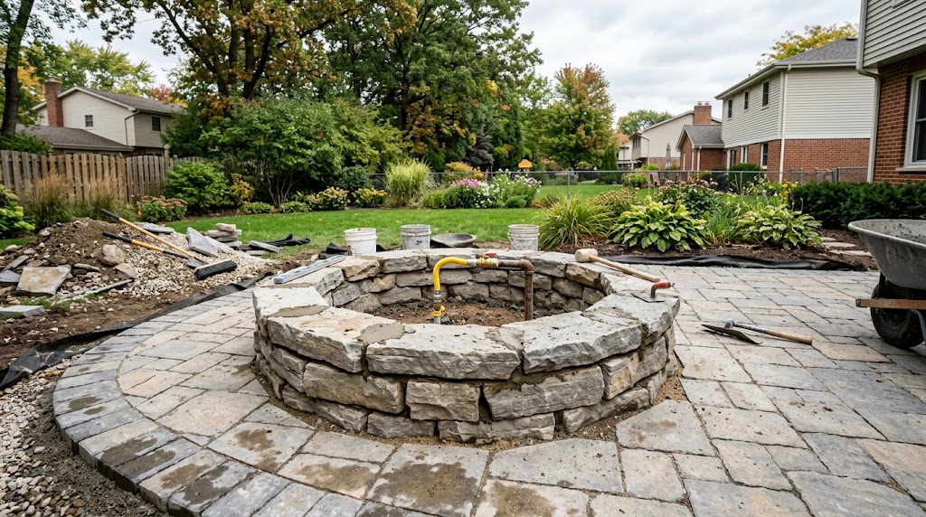Outdoor fire pit mid-construction showing stacked stone wall, gas line stub, and mortar work