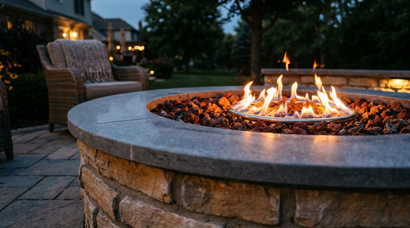 Stacked stone fire pit detail showing dimensional stone, gas burner, lava rock, and cap stone