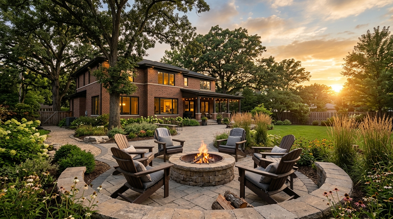 Stone fire pit at golden hour with patio seating in a Des Plaines backyard
