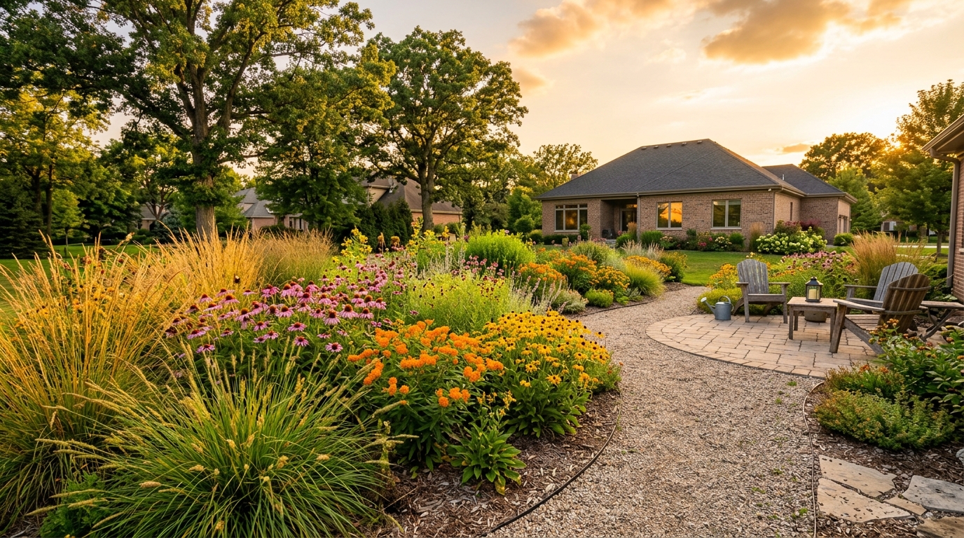 Native plant garden design in Des Plaines: finished bed with prairie grasses, coneflower, butterfly milkweed, and black-eyed susan