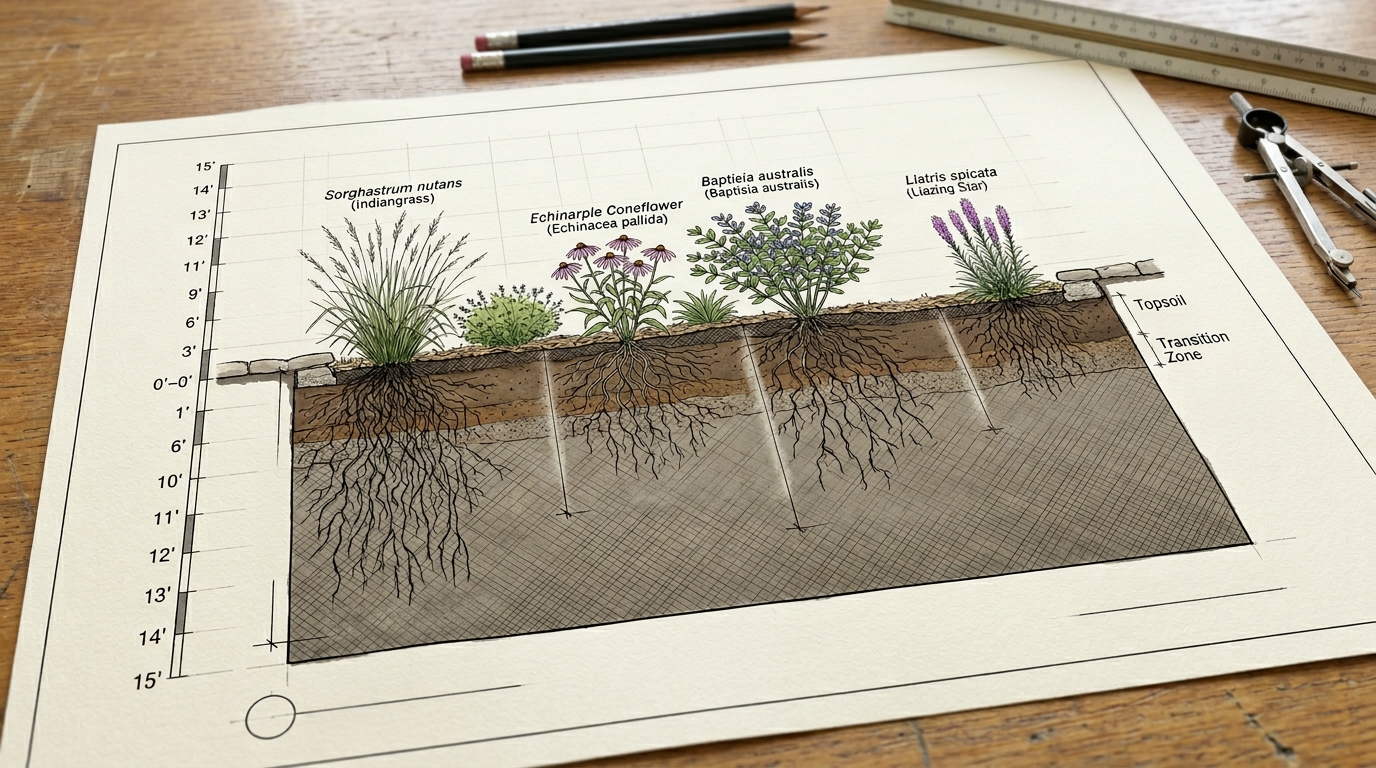 Native plant garden cross-section showing root depth and Chicago clay soil profile