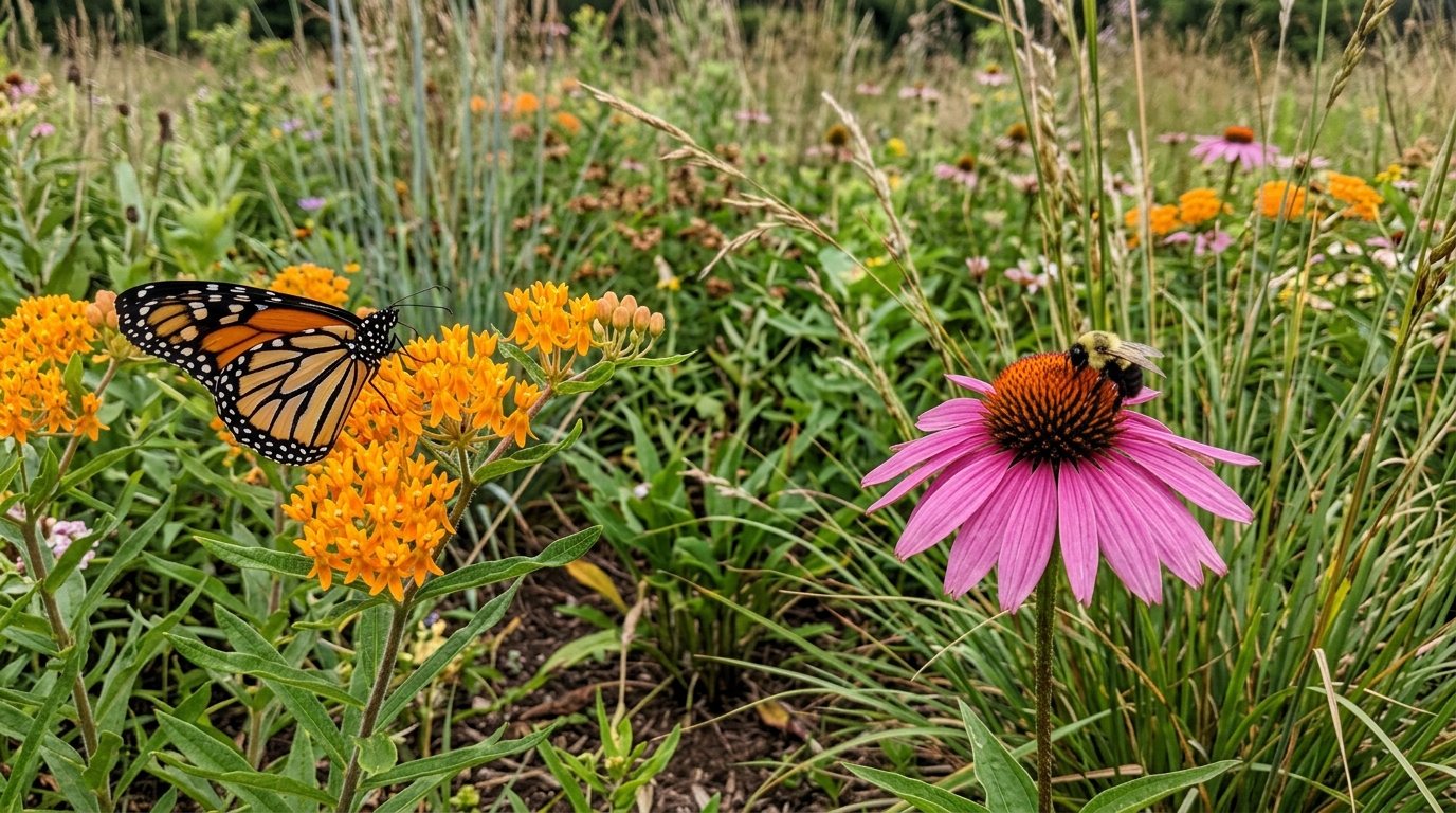 Native pollinator garden detail with monarch on butterfly milkweed and bumblebee on coneflower