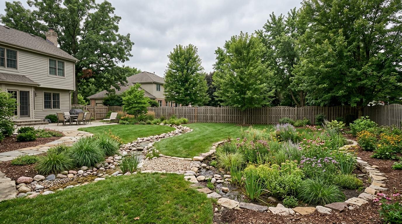 Native plant rain garden in a low corner of a Des Plaines backyard with water swale routing