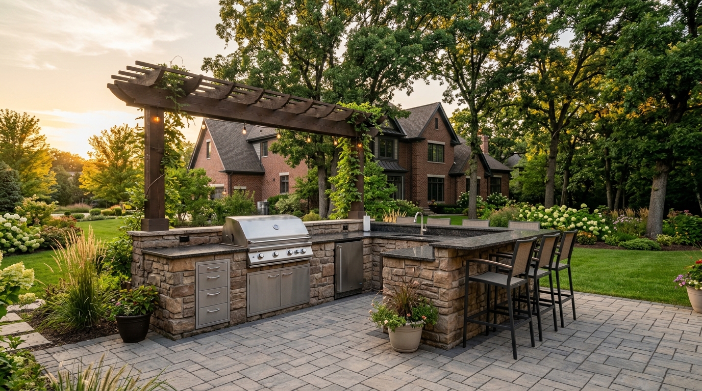 Outdoor kitchen contractors in Des Plaines: outdoor kitchen contractor in des plaines: finished stone facade kitchen with stainless grill, granite counter, and bar seating