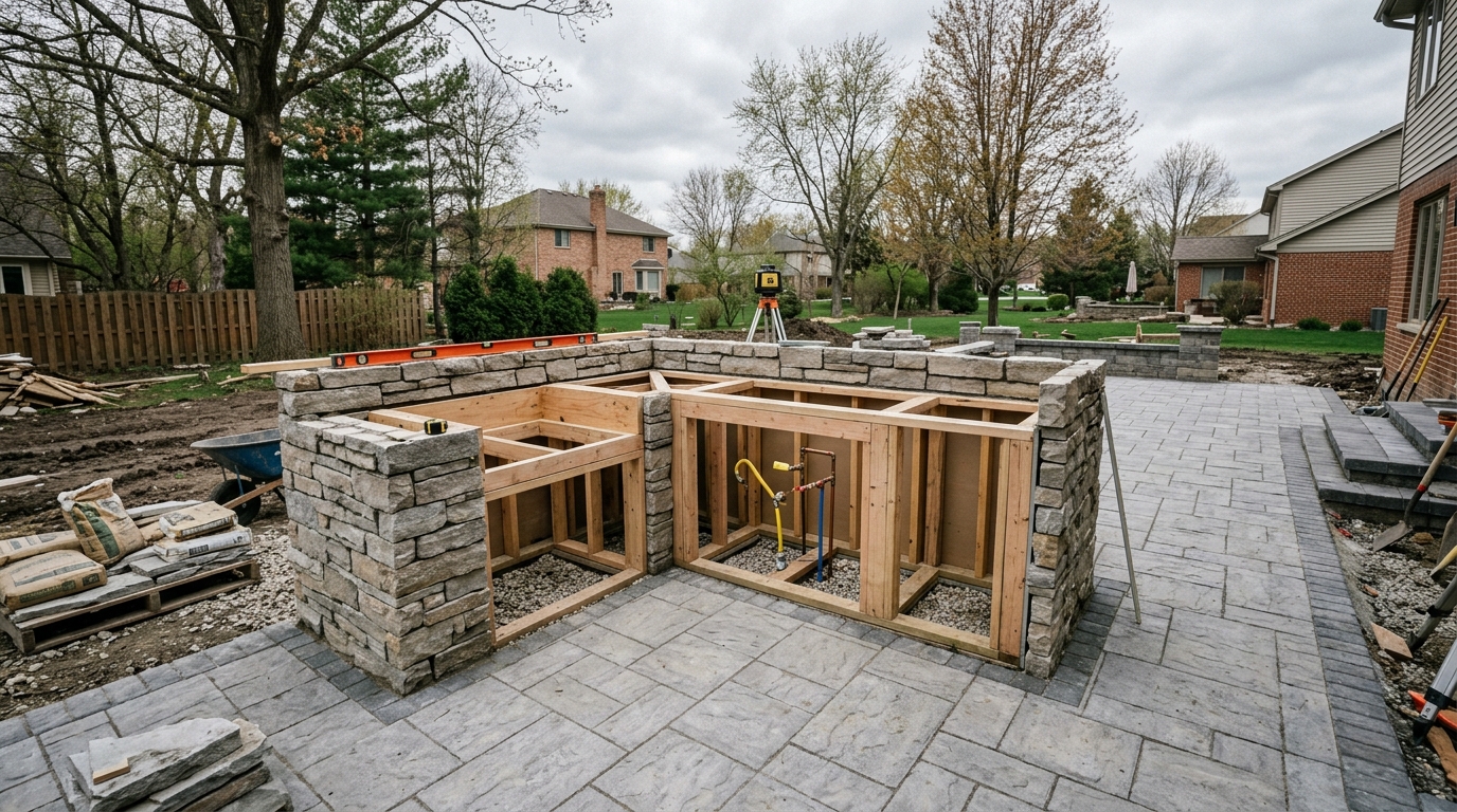 Outdoor kitchen mid-construction showing stone facade walls, counter framing, and utility stub-ups