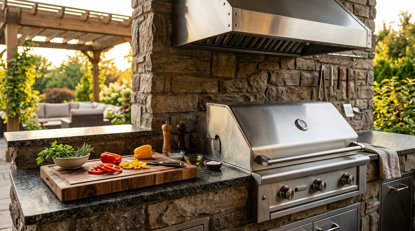 Outdoor kitchen detail showing built-in grill, granite counter, vent hood, and stone facade