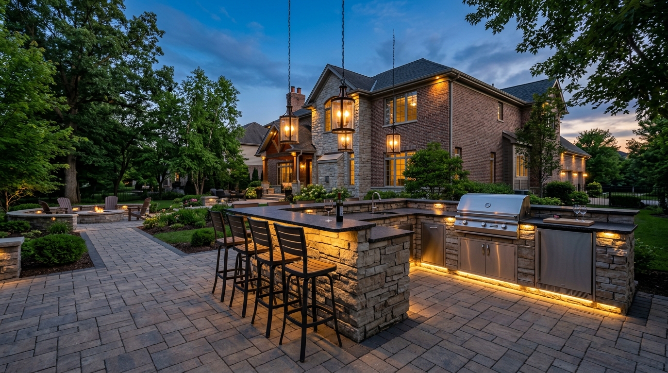 Outdoor kitchen at twilight with under-counter and pendant lighting in a Des Plaines backyard