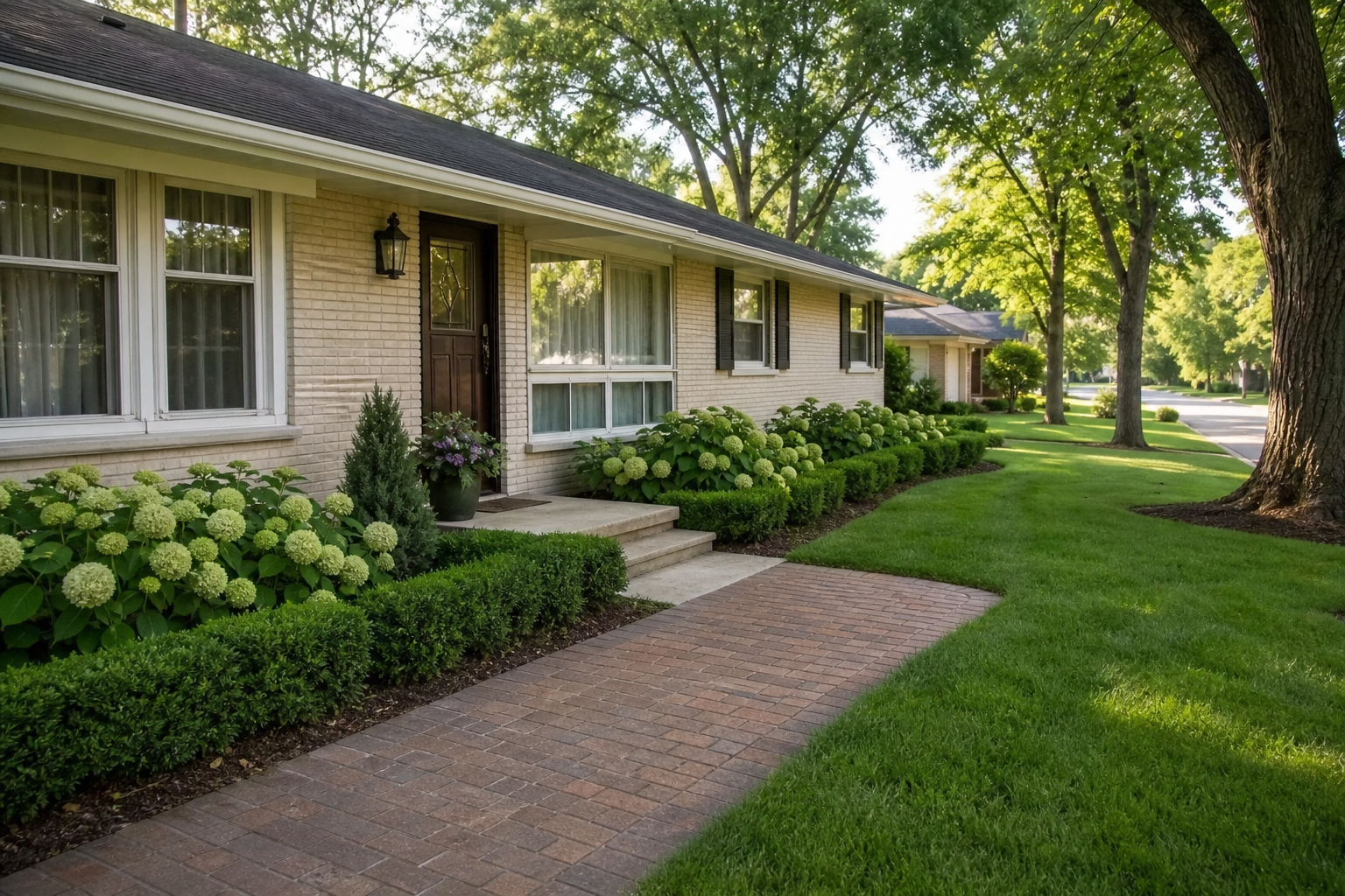 Landscape design near Audubon Park in Elk Grove Village, refreshed front yard on a 1970s ranch home