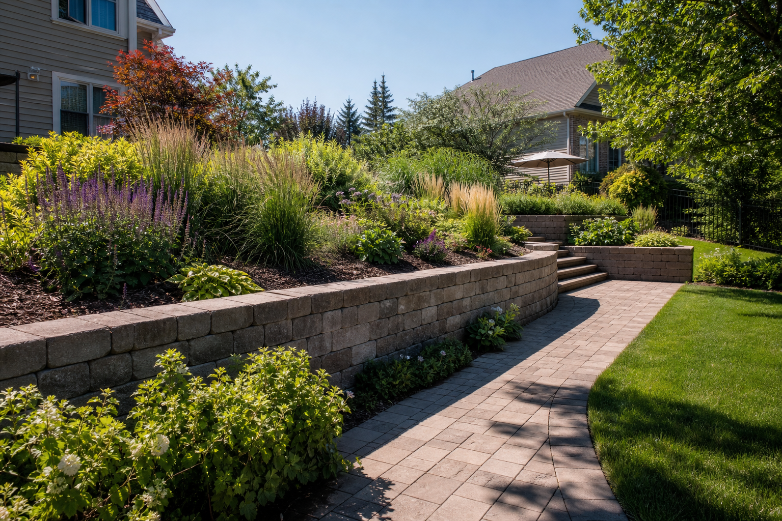 Landscape design near Audubon Park in Elk Grove Village, back yard with low retaining wall and tiered planting beds