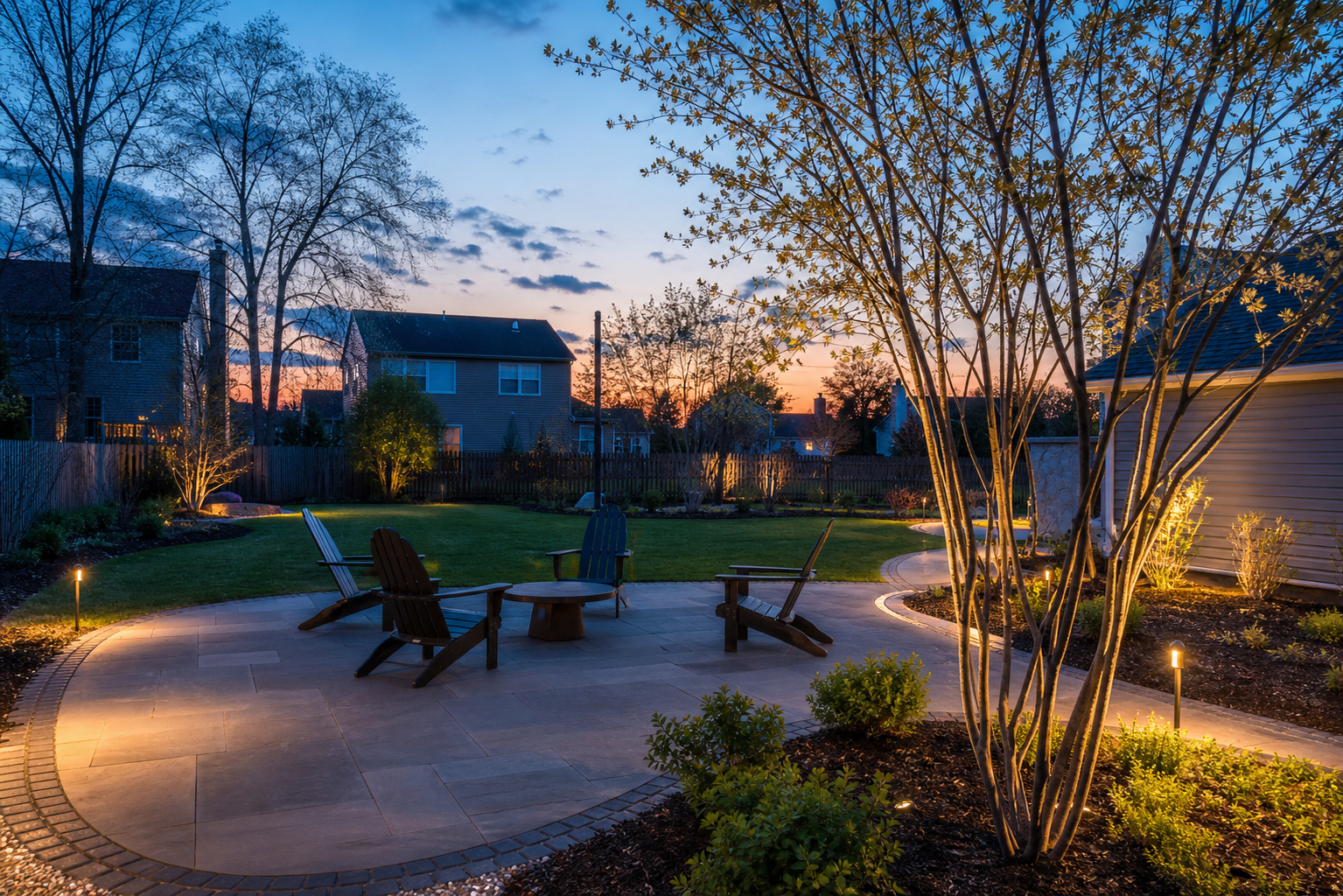 Landscape design near Audubon Park in Elk Grove Village, rear yard bluestone patio with seating and ornamental tree