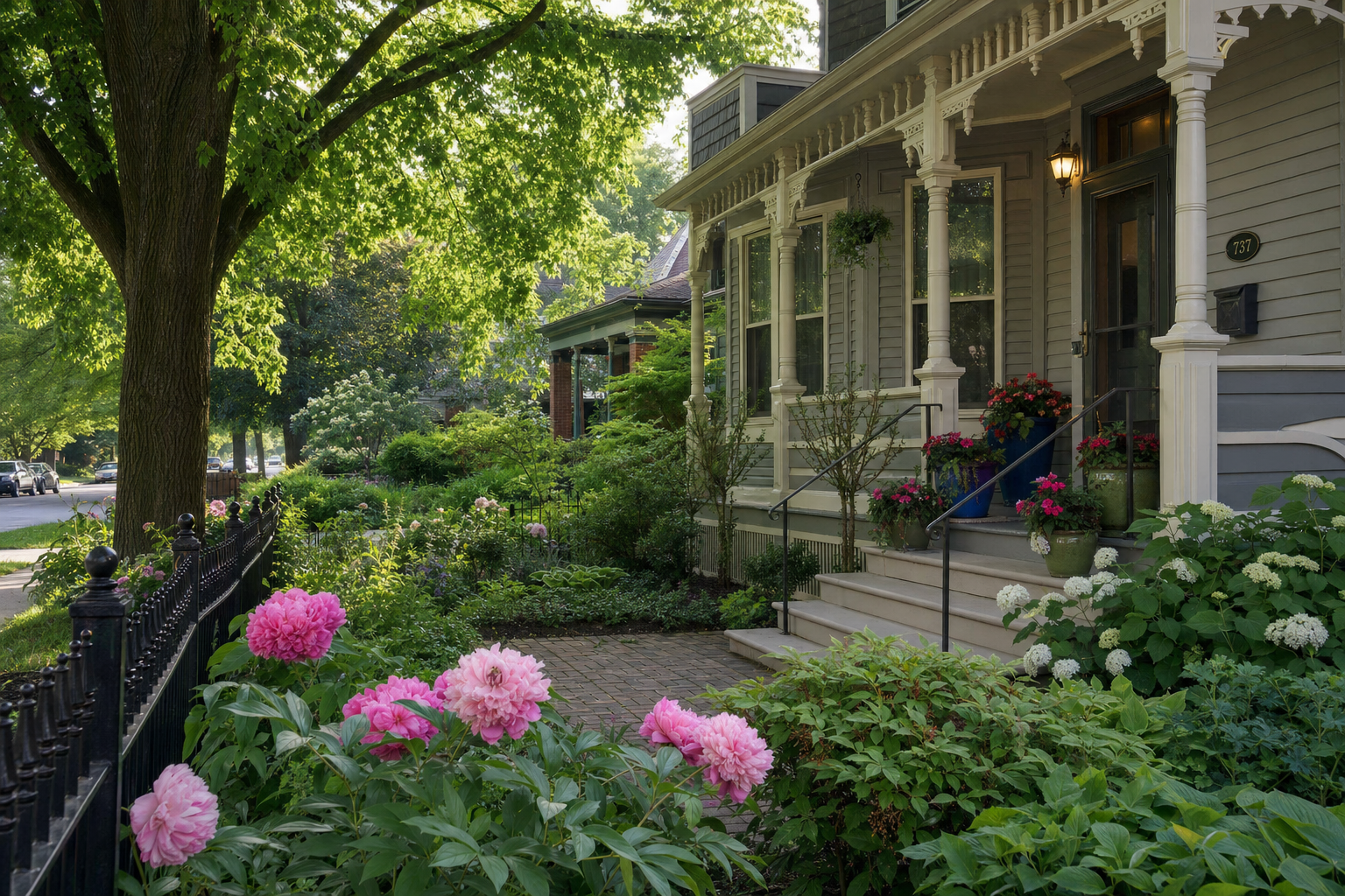 Landscape design near Centennial Park in Park Ridge, refreshed front yard on a Victorian home with cottage-style perennial border