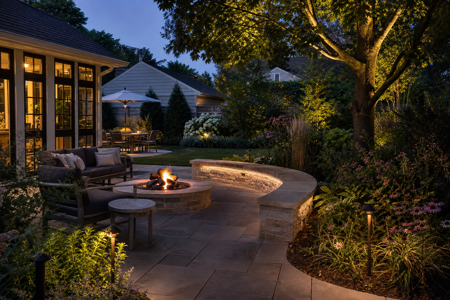 Landscape design near Centennial Park in Park Ridge, backyard with bluestone patio and wood-burning fire pit