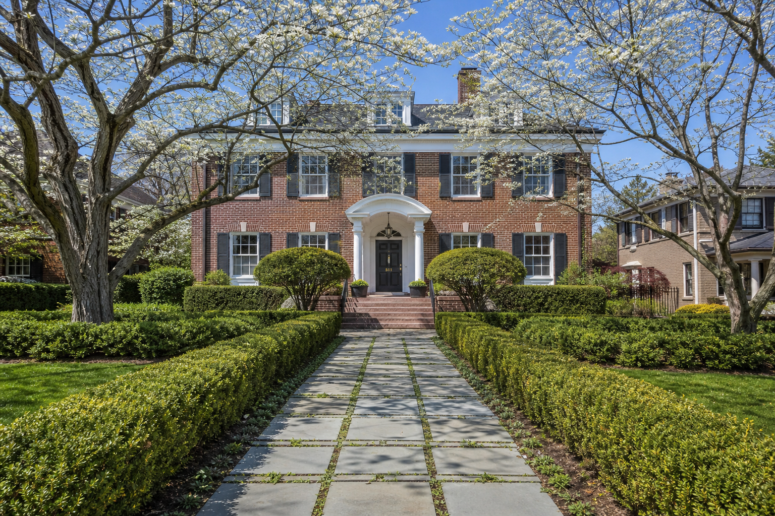 Landscape design near Centennial Park in Park Ridge, formal bluestone front walkway on a historic home