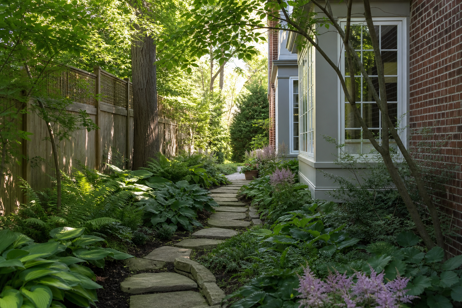 Landscape design near Centennial Park in Park Ridge, shaded side yard with stepping stones and shade plantings