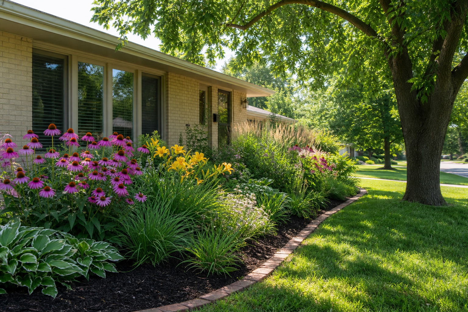 Landscape design near Grennan Heights Park in Niles, perennial border refresh along the foundation