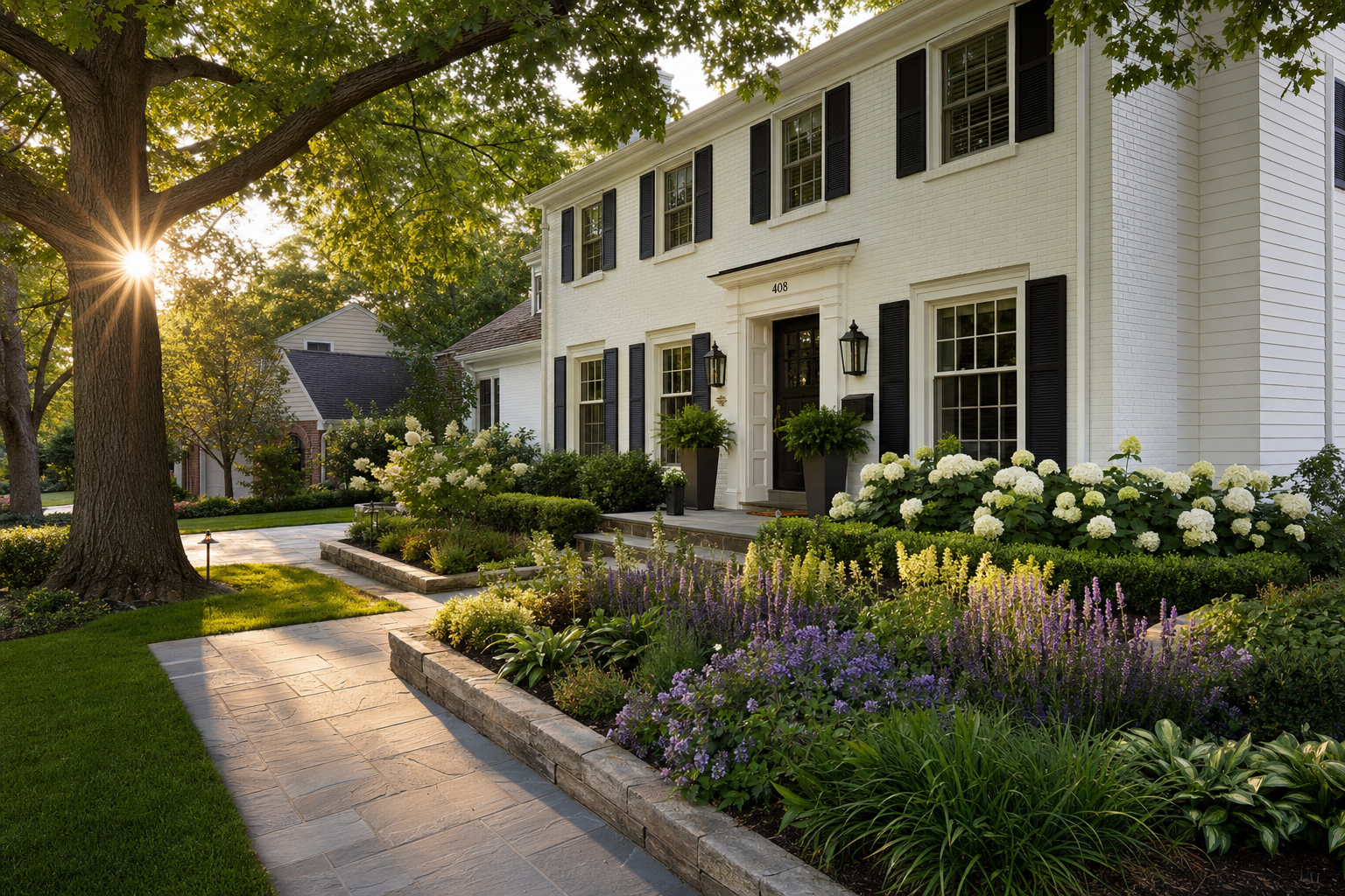 Landscape design near Hasbrook Park in Arlington Heights, refreshed front yard on a brick colonial with mature oak canopy