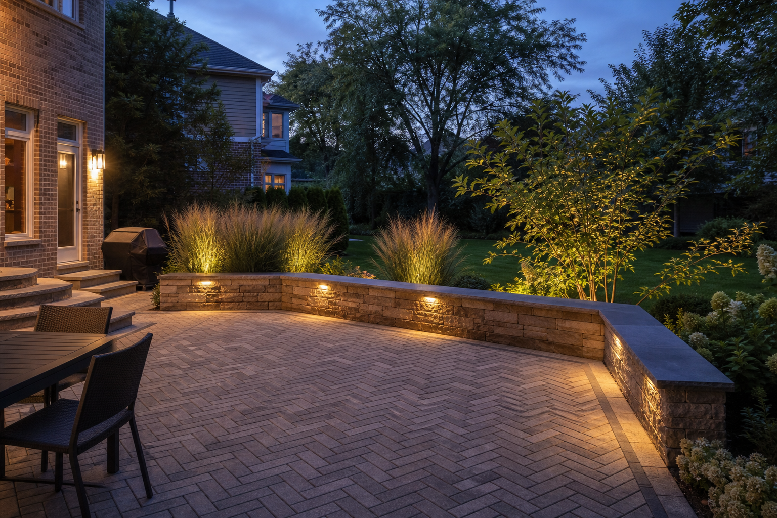 Landscape design near Hasbrook Park in Arlington Heights, paver patio and seating wall in the back yard