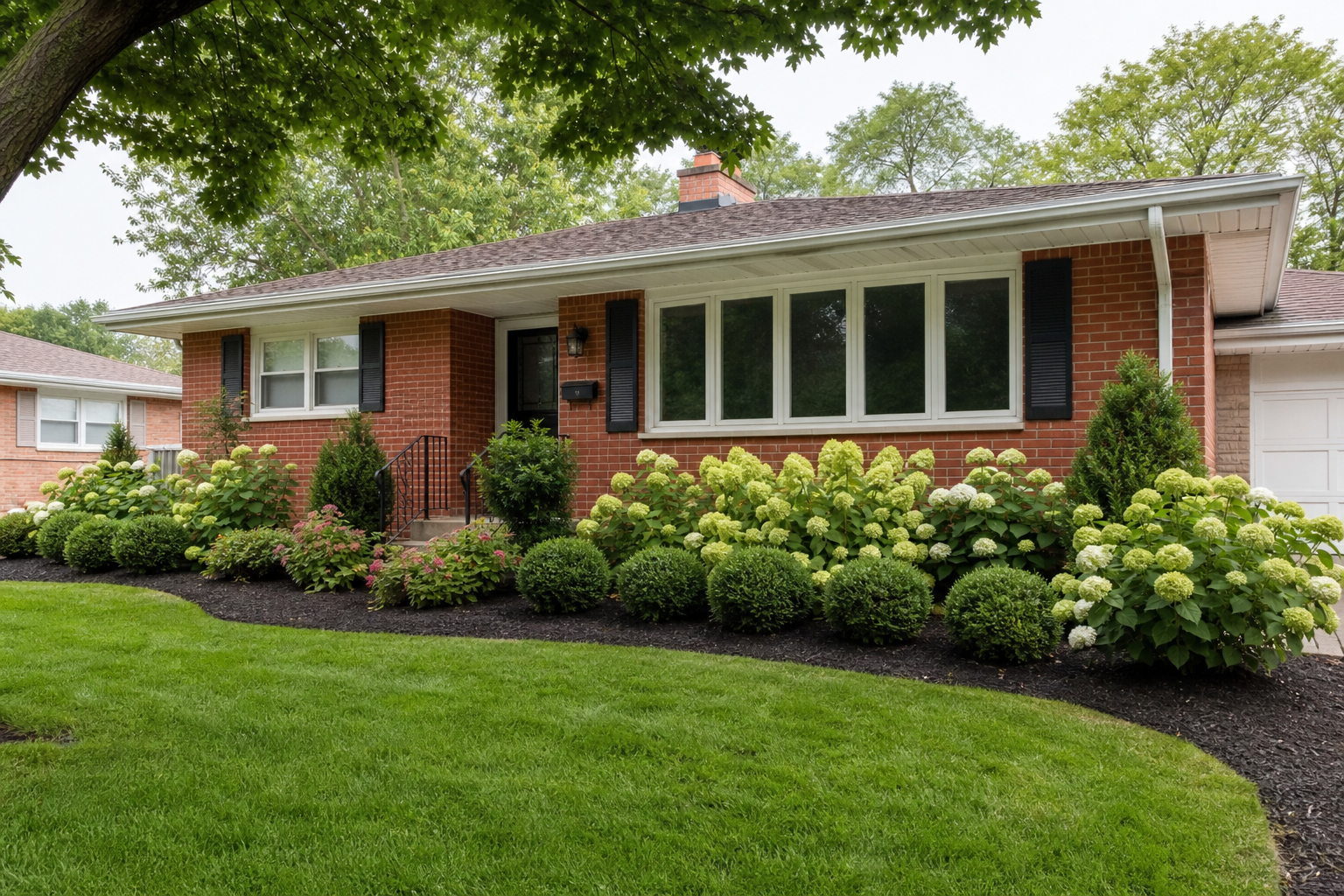 Landscape design near Hasbrook Park in Arlington Heights, foundation planting refresh on a 1960s ranch