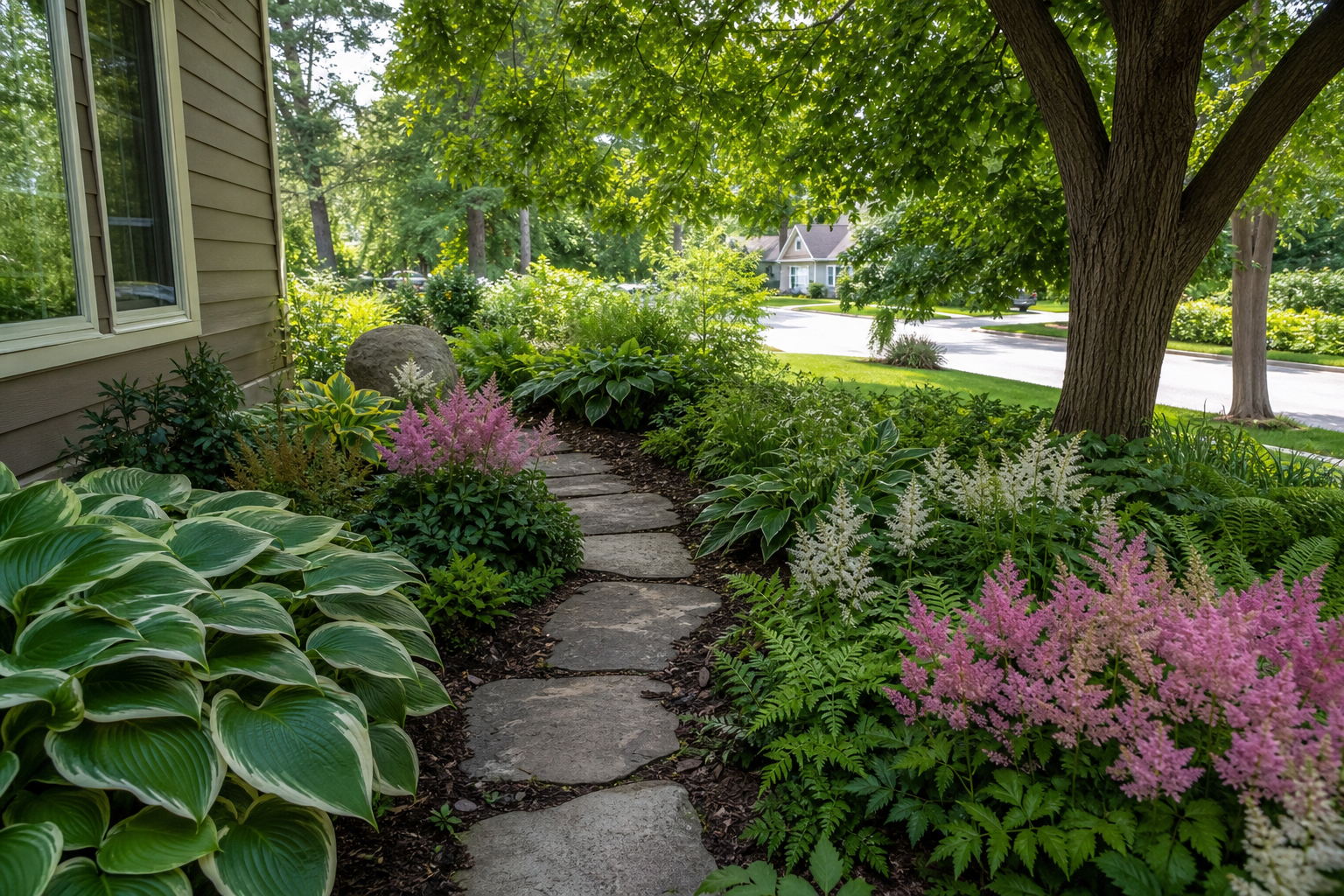 Landscape design near Hasbrook Park in Arlington Heights, shaded side yard with stepping stone path
