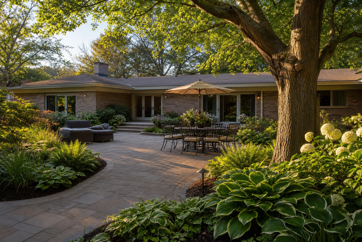Backyard design near West School in Des Plaines, new paver patio bordered by mature shade plantings on a mid-century ranch