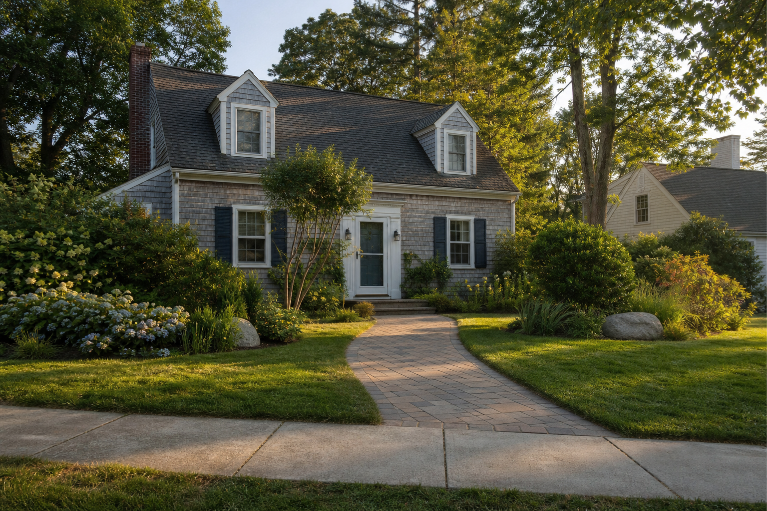 Front entry walkway design near West School in Des Plaines, new clay-toned paver walk leading to a Cape Cod front door