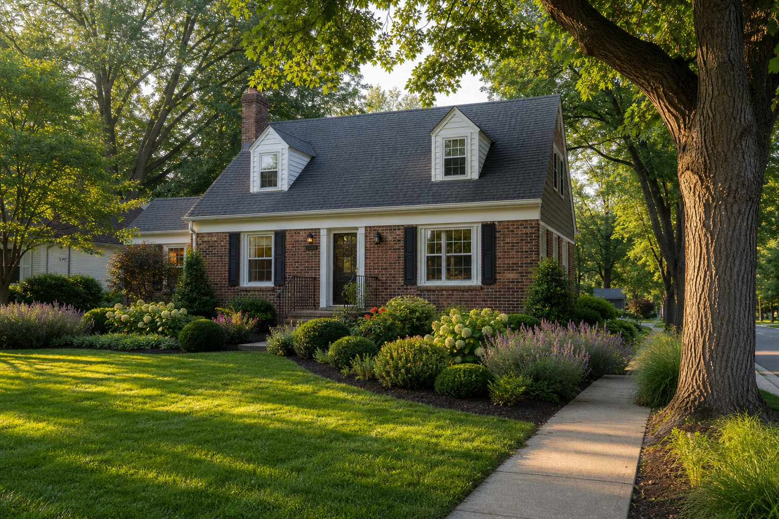 Landscape design near West School in Des Plaines, refreshed front yard on a Maine Township Cape Cod with mature canopy