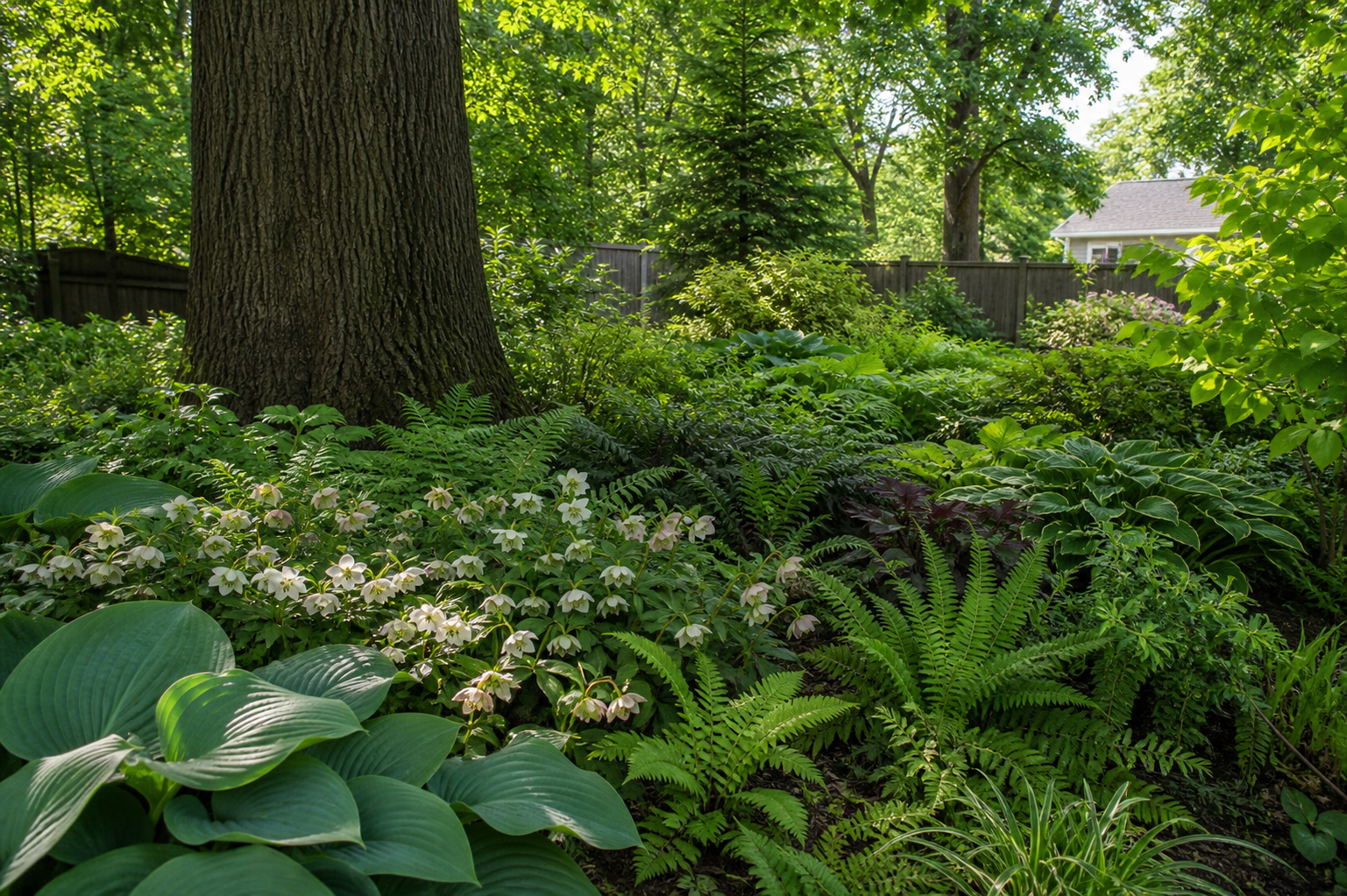 Shade plant palette design near West School in Des Plaines, hostas hellebores and ferns under mature canopy oak