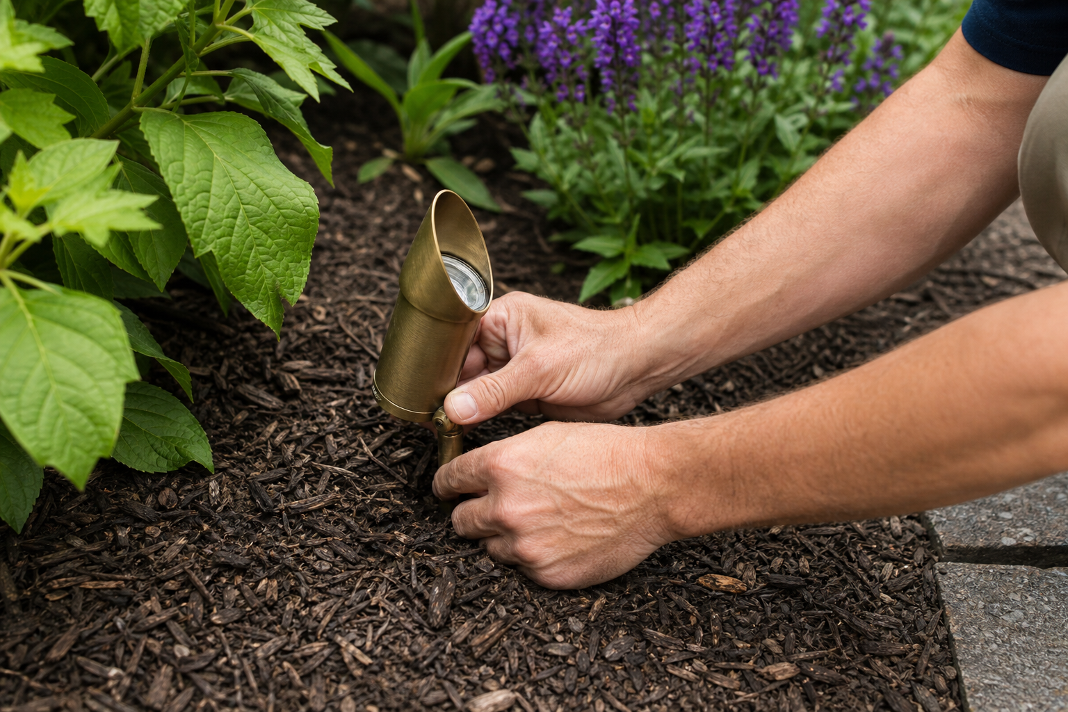 Landscape lighting installation in Des Plaines: installer placing a brass low-voltage fixture in a mulched garden bed
