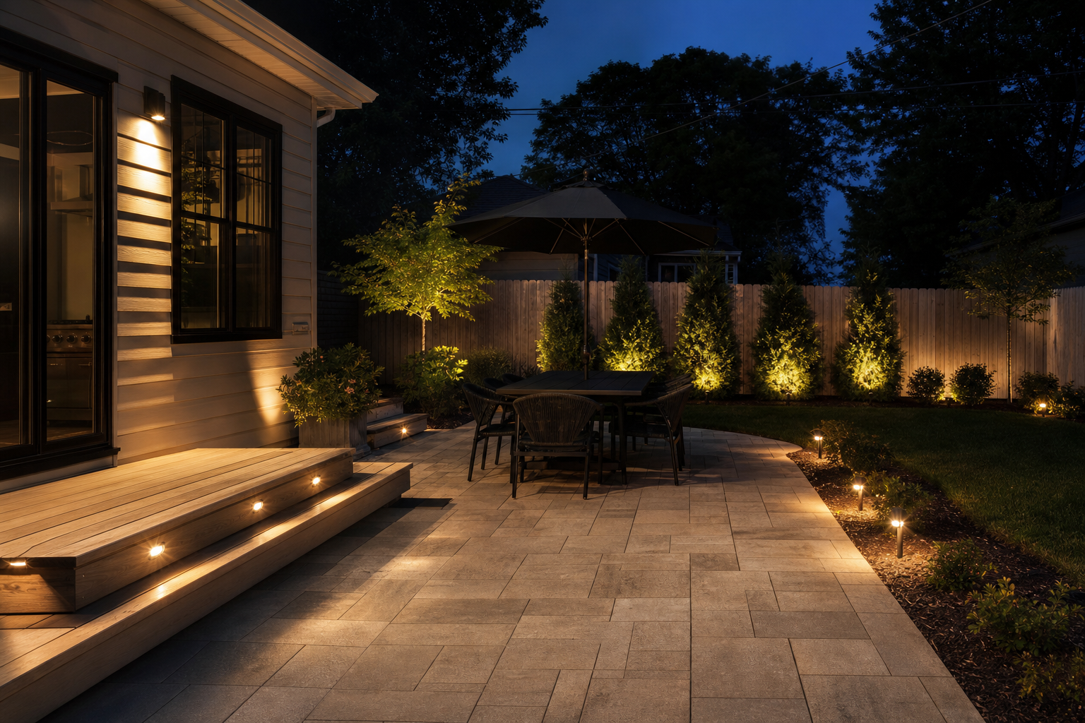 Landscape lighting installation in Des Plaines: paver patio at night illuminated by recessed deck lights and warm pathway fixtures