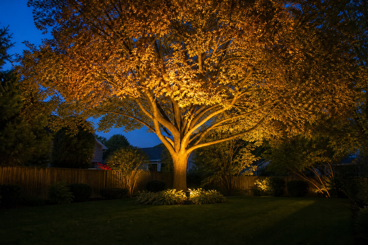 Landscape lighting installation in Des Plaines: warm uplight illuminating a mature maple tree in a Des Plaines backyard at dusk