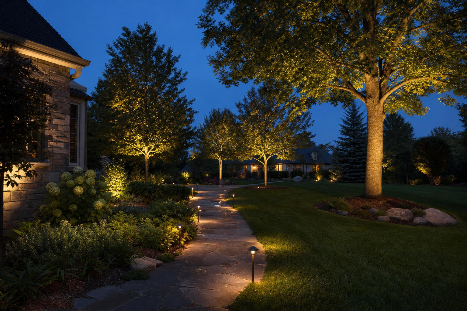 Landscape lighting installation in Des Plaines: warm path lighting along a stone walkway with mature trees in soft uplight at twilight