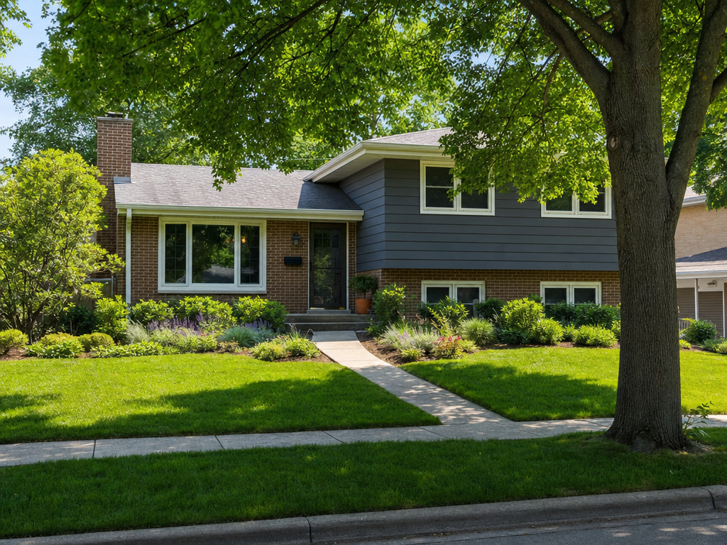 Landscape design near MacArthur Middle School in Prospect Heights, refreshed front yard on a split-level home under mature canopy