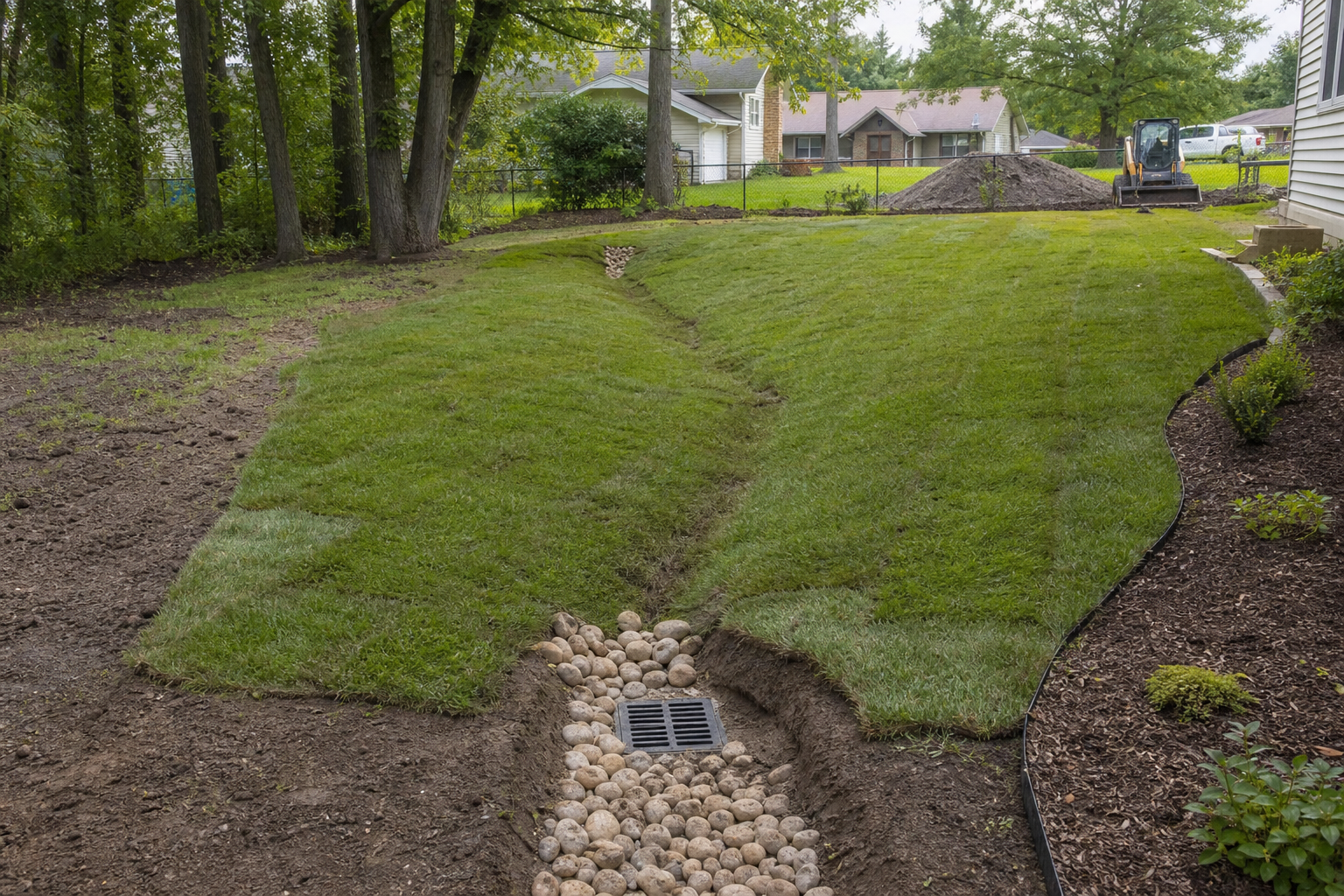 Landscape design near MacArthur Middle School in Prospect Heights, back yard drainage and grading project with French drain