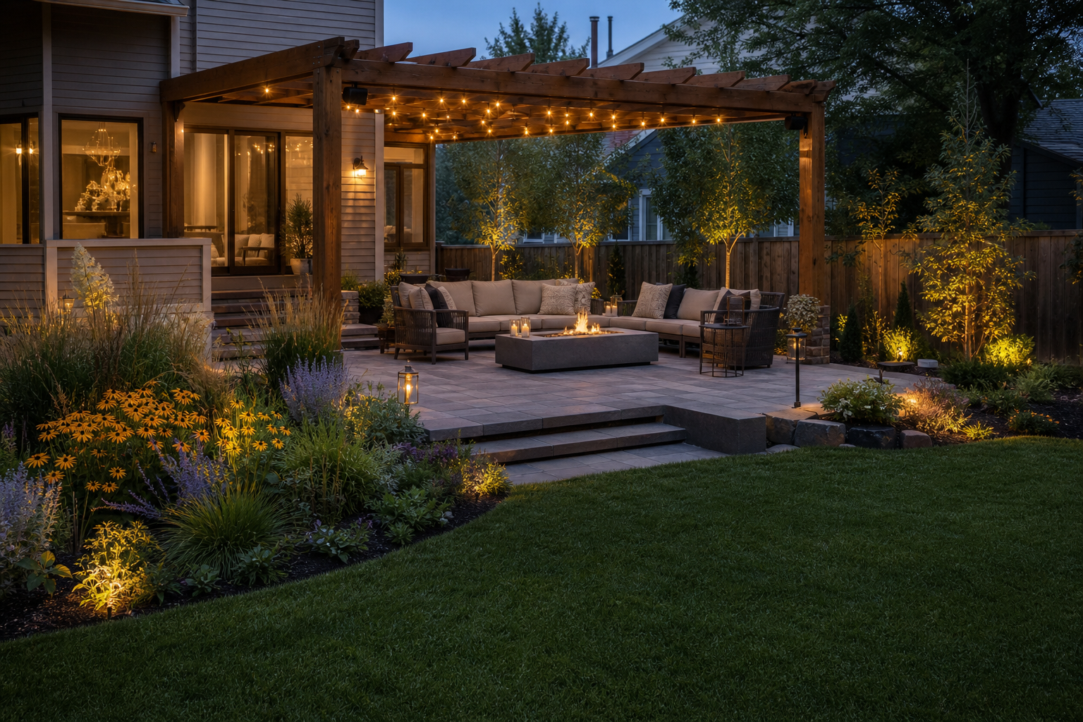 Landscape design near MacArthur Middle School in Prospect Heights, back yard outdoor living with paver patio and fire pit