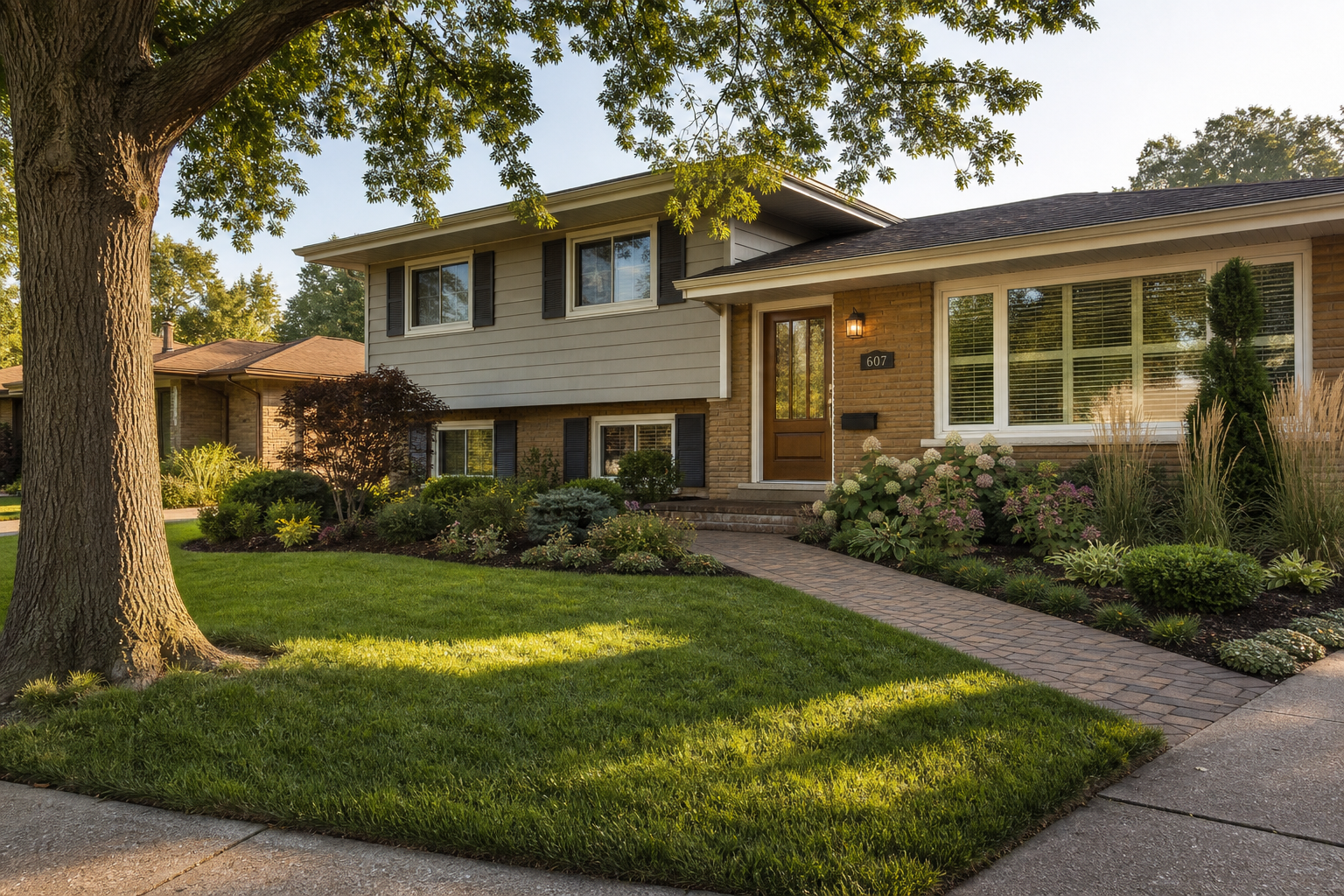 Landscape design near Maine West High School in Des Plaines, refreshed front yard on a 1960s split-level home