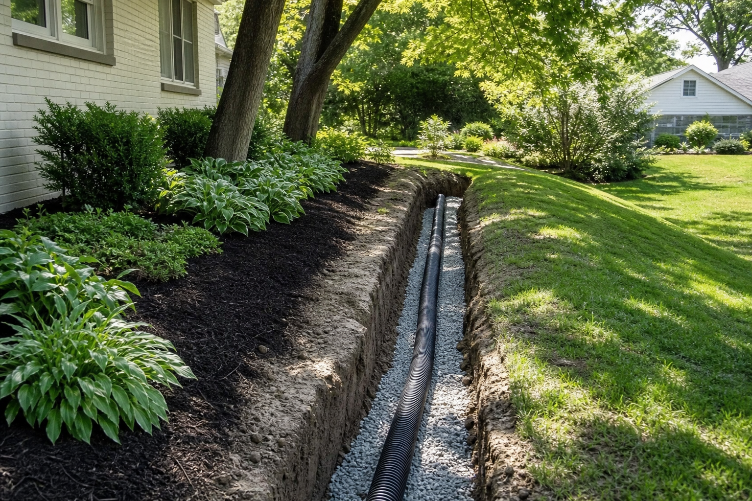 Landscape design near Maine West High School in Des Plaines, drainage solution with French drain on a south side lot