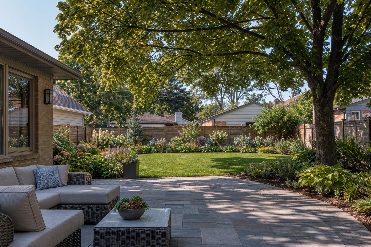 Landscape design near Maine West High School in Des Plaines, backyard refresh with patio and perennial border