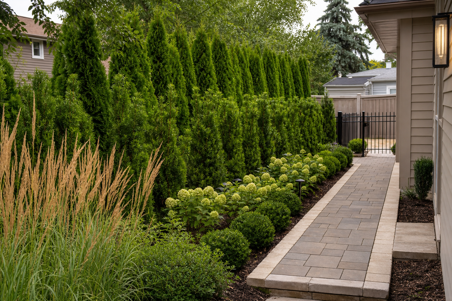 Landscape design near Maine West High School in Des Plaines, side yard privacy planting with walkway
