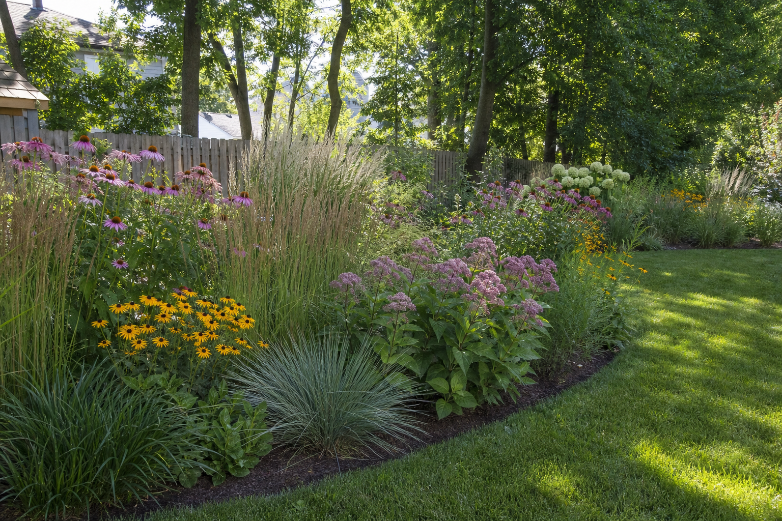 Landscape design near White Oaks Nature Park in Wood Dale, backyard native garden with prairie grasses and pollinator plantings