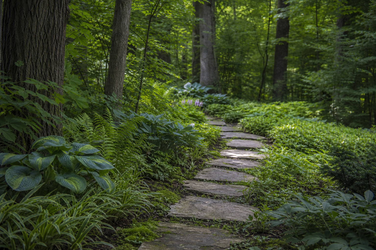 Landscape design near White Oaks Nature Park in Wood Dale, side yard limestone stepping stone path through woodland plantings